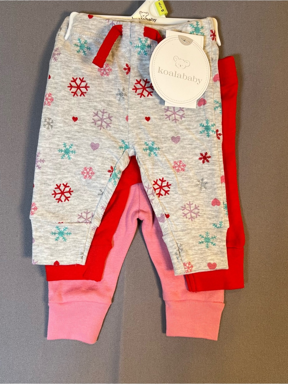 Koala Baby Girls 0-3 month 3 piece pants set Snowflake Hearts Red Pink NWT